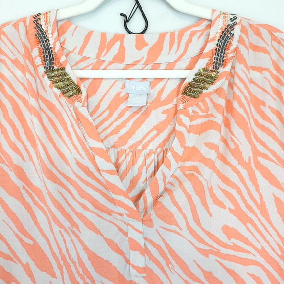 Chico's Animal Print Beaded Sequin Modal Tunic Women XXL Coral Beige V Neck - Picture 8 of 14